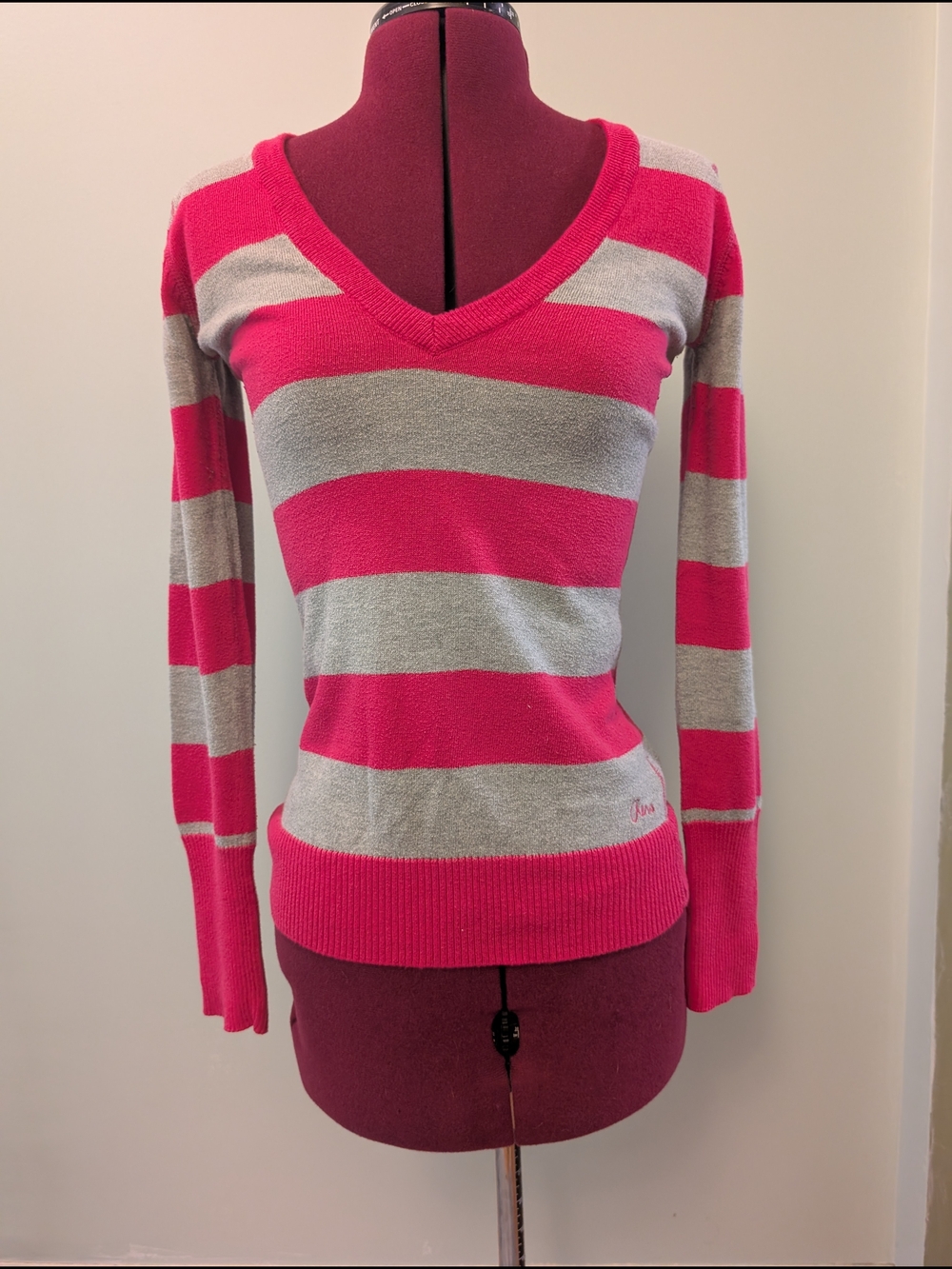 Aeropostale Hot Pink and Gray Striped V-Neck Sweater